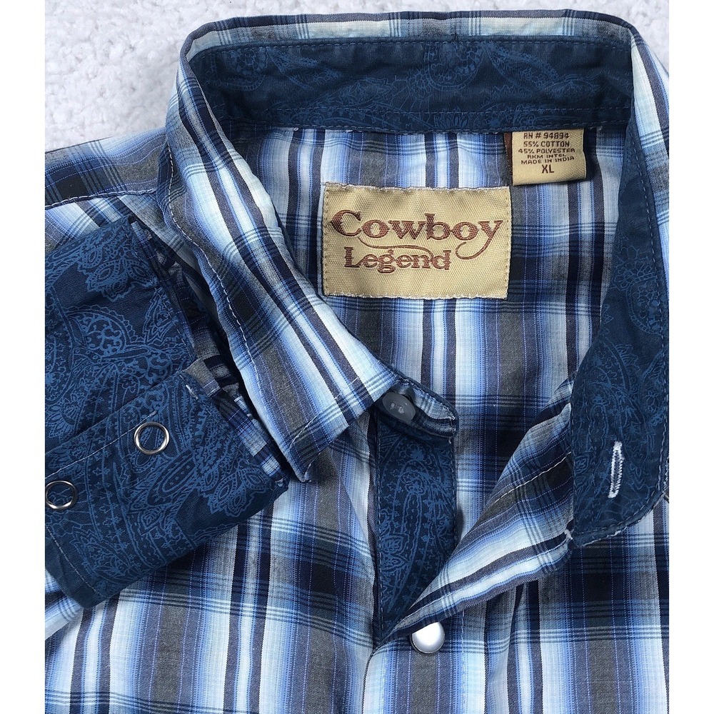 Cowboy Legend Western Shirt Mens  M / L Blue Plaid Pearl Snap Flip‎ Cuff Rodeo